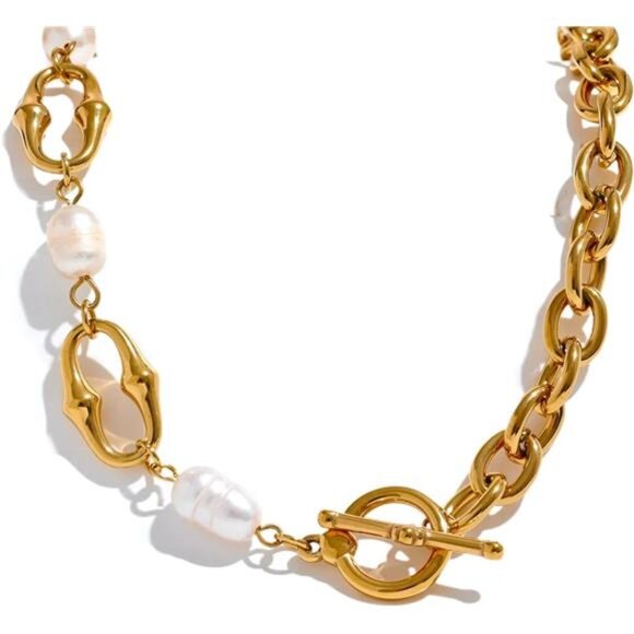 Asymmetrical Toggle Pearl Necklace | Paperclip & Chunky Chain | Modern - Picture 1 of 4